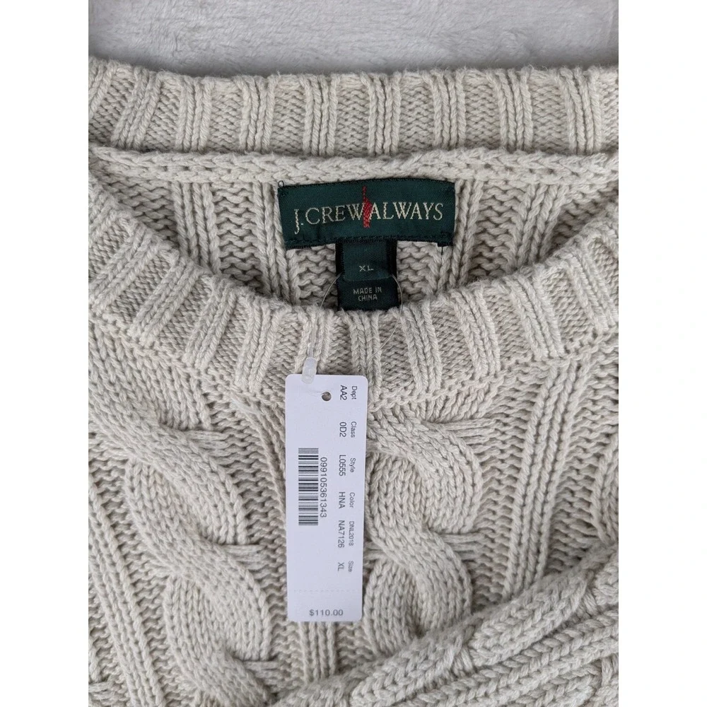 NWT J. Crew‎ Always Cable Knit Crewneck Sweater Classic Fit Beige XL